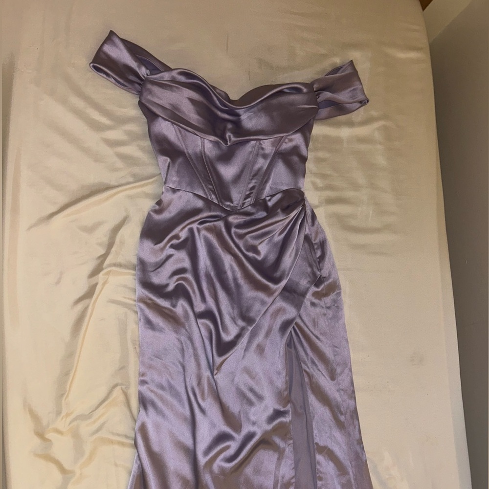 Villoni satin off the shoulder dress with slit size 10